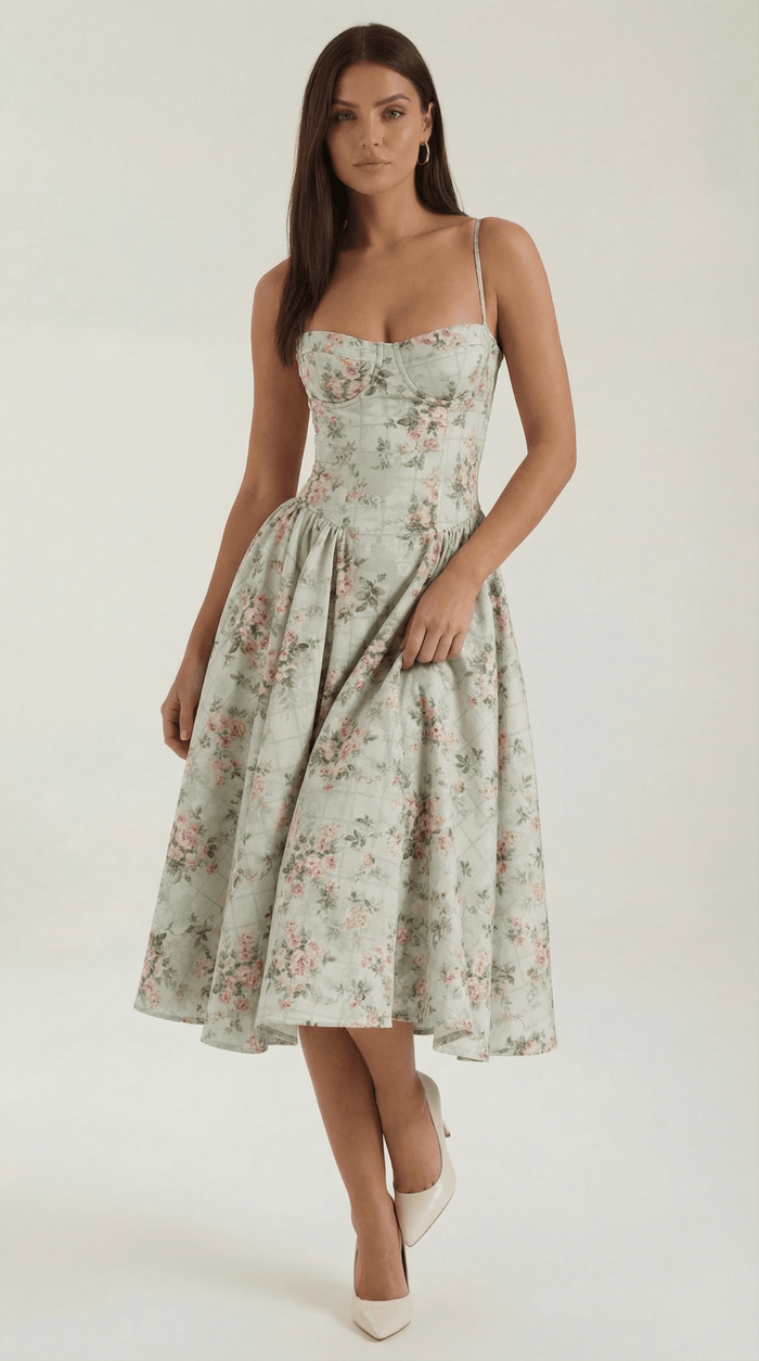 Women Midi Dress Corset Fit Sweetheart Neckline Design