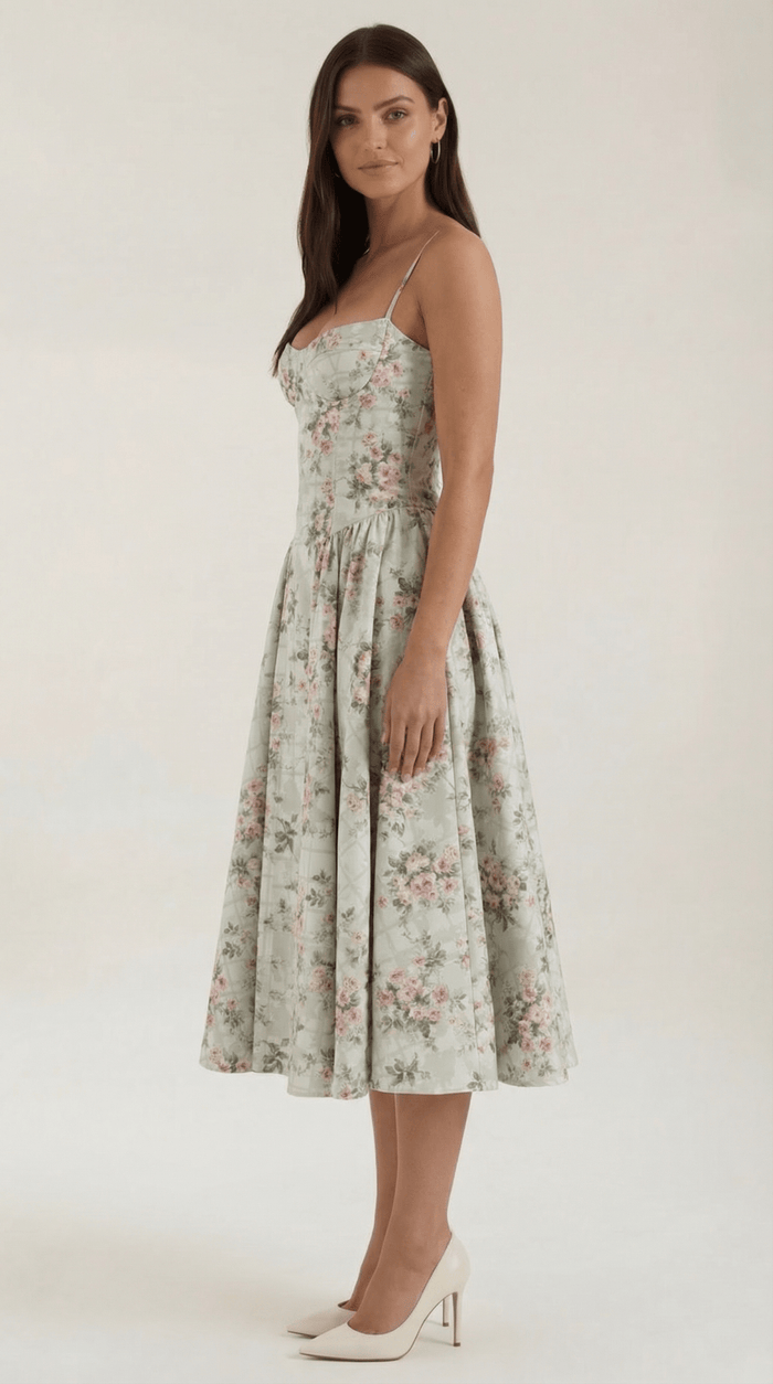 Women Midi Dress Corset Fit Sweetheart Neckline Design