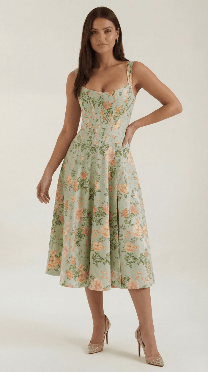 Women Midi Dress Sweetheart Neckline A-Line Silhouette