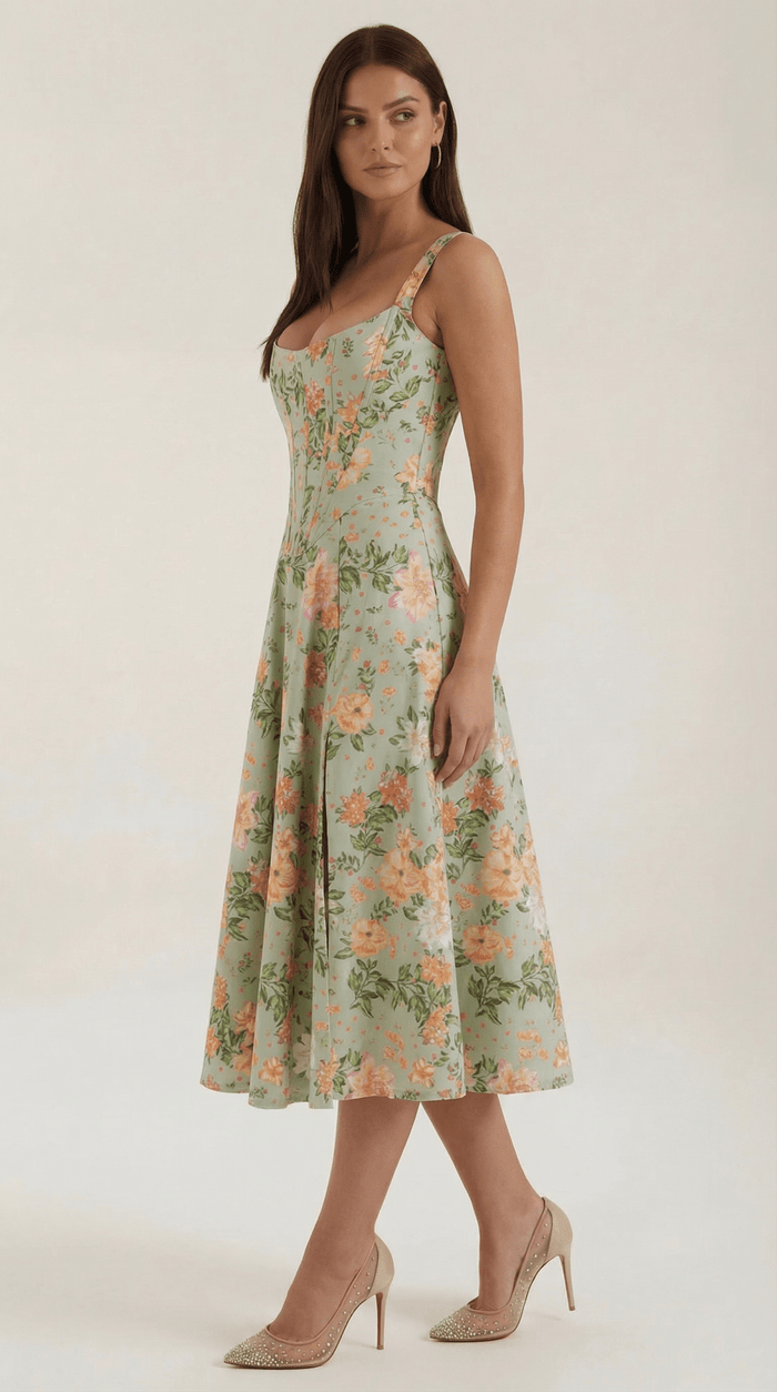 Women Midi Dress Sweetheart Neckline A-Line Silhouette