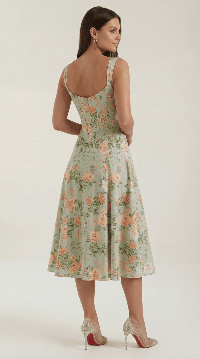 Women Midi Dress Sweetheart Neckline A-Line Silhouette