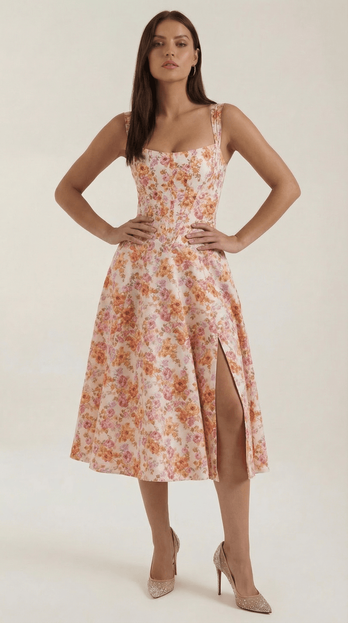 Women Midi Dress Sweetheart Neckline A-Line Silhouette