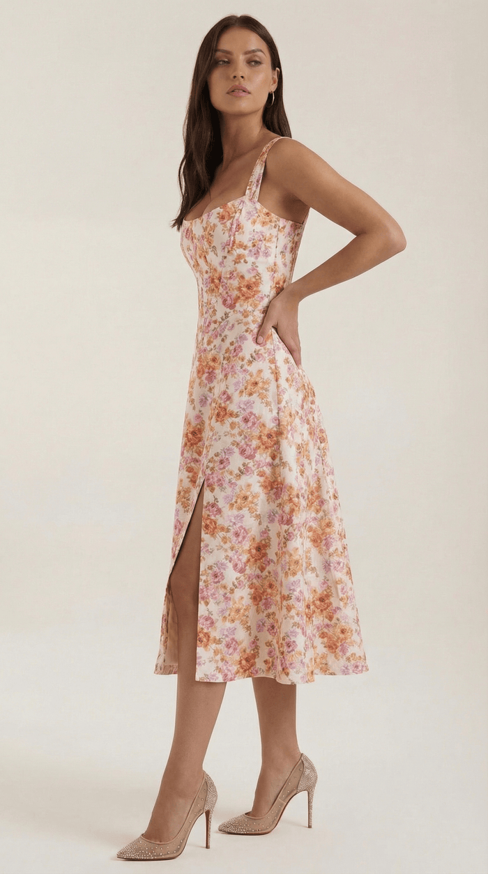 Women Midi Dress Sweetheart Neckline A-Line Silhouette