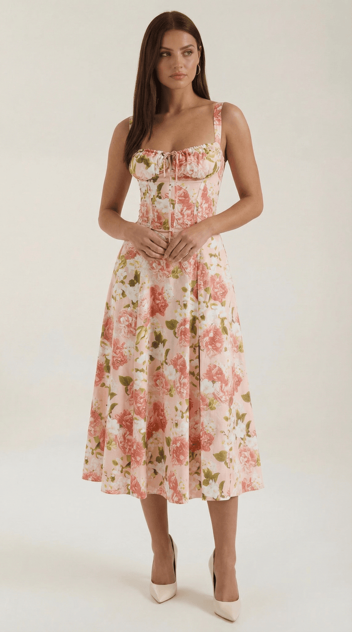 Women Midi Dress Sweetheart Neckline Lace-Up Front Detail