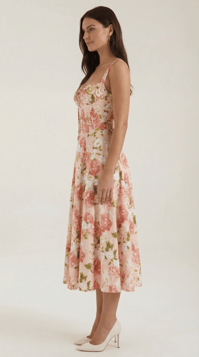 Women Midi Dress Sweetheart Neckline Lace-Up Front Detail