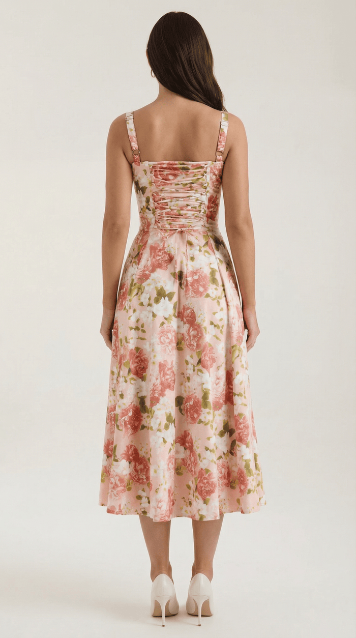 Women Midi Dress Sweetheart Neckline Lace-Up Front Detail