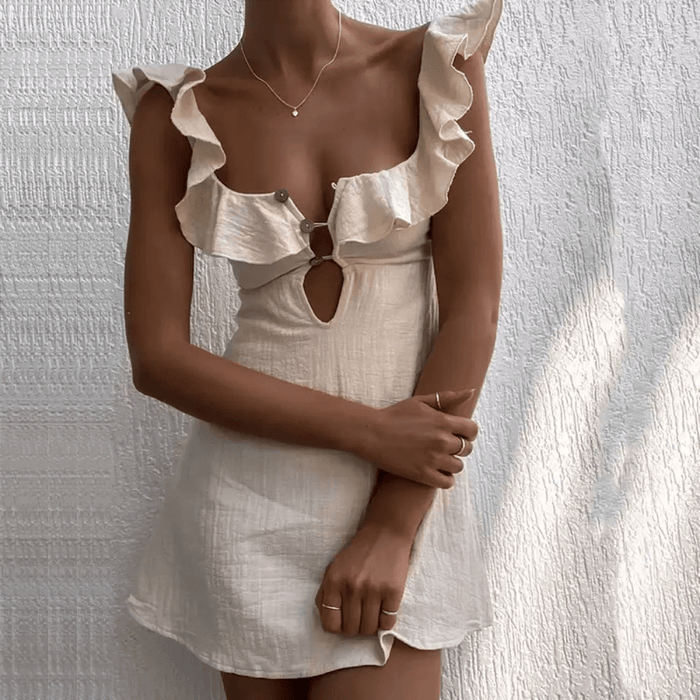 Women Mini Dress Linen V-Neck Spaghetti Straps Above Knee