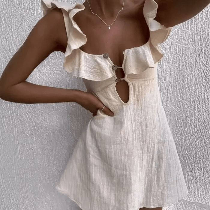 Women Mini Dress Linen V-Neck Spaghetti Straps Above Knee
