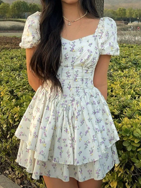 Women Mini Dress Sweetheart Neck Puff Sleeves Short Fit