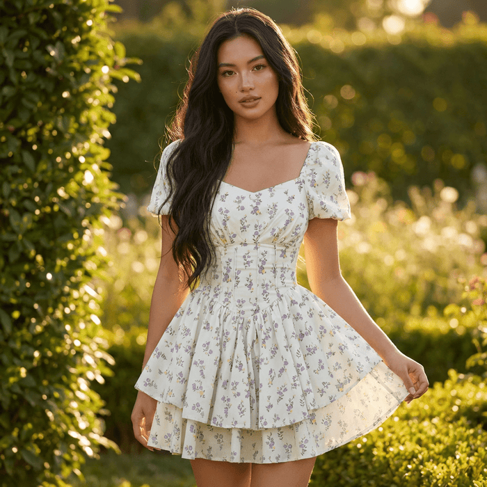 Women Mini Dress Sweetheart Neck Puff Sleeves Short Fit