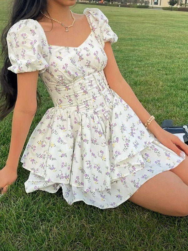 Women Mini Dress Sweetheart Neck Puff Sleeves Short Fit