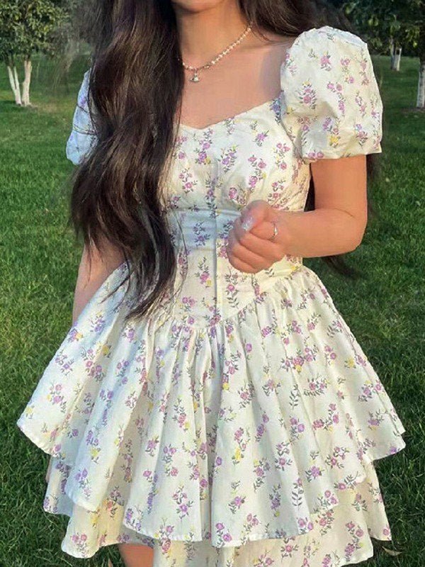 Women Mini Dress Sweetheart Neck Puff Sleeves Short Fit