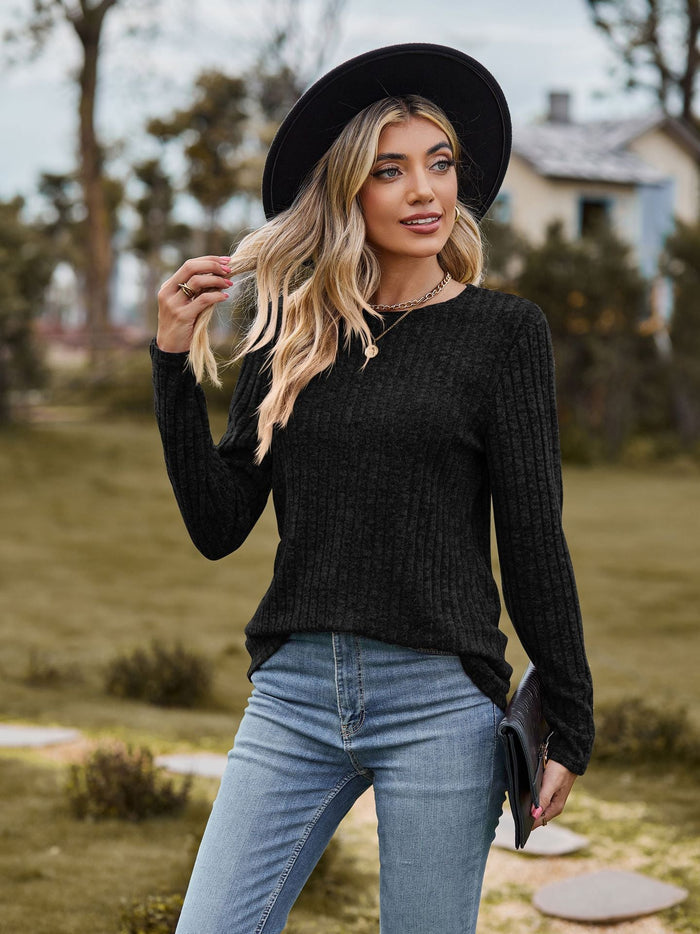 Women Round Neck Brushed Sunken Stripe Solid Color Sweater