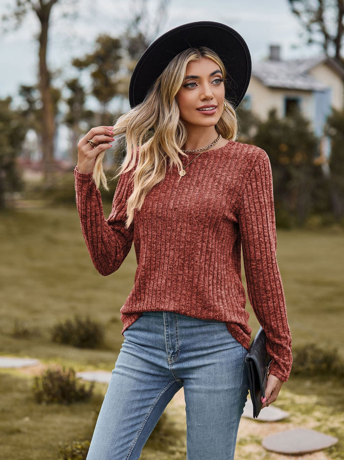 Women Round Neck Brushed Sunken Stripe Solid Color Sweater
