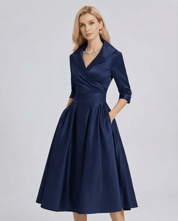 Women's A-Line Dress — Lapel Neckline Cross Pleated Waist