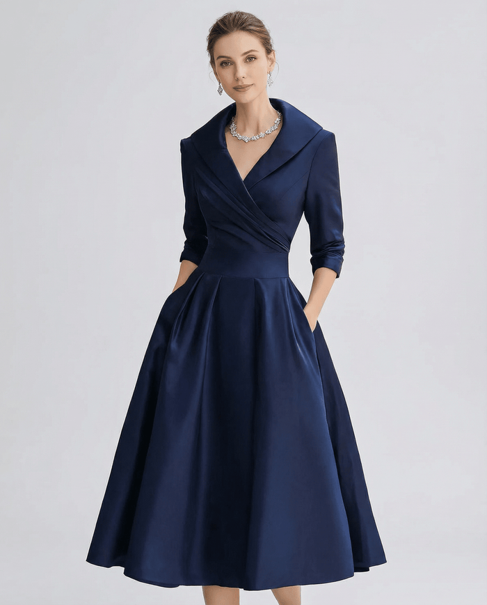 Women's A-Line Dress — Lapel Neckline Cross Pleated Waist