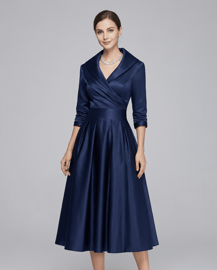 Women's A-Line Dress — Lapel Neckline Cross Pleated Waist