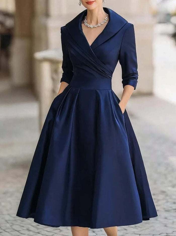 Women's A-Line Dress — Lapel Neckline Cross Pleated Waist