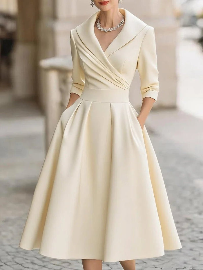 Women's A-Line Dress — Lapel Neckline Cross Pleated Waist