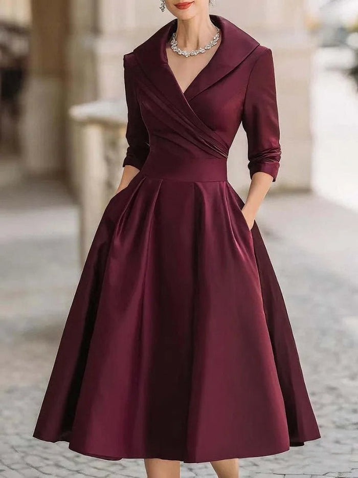 Women's A-Line Dress — Lapel Neckline Cross Pleated Waist