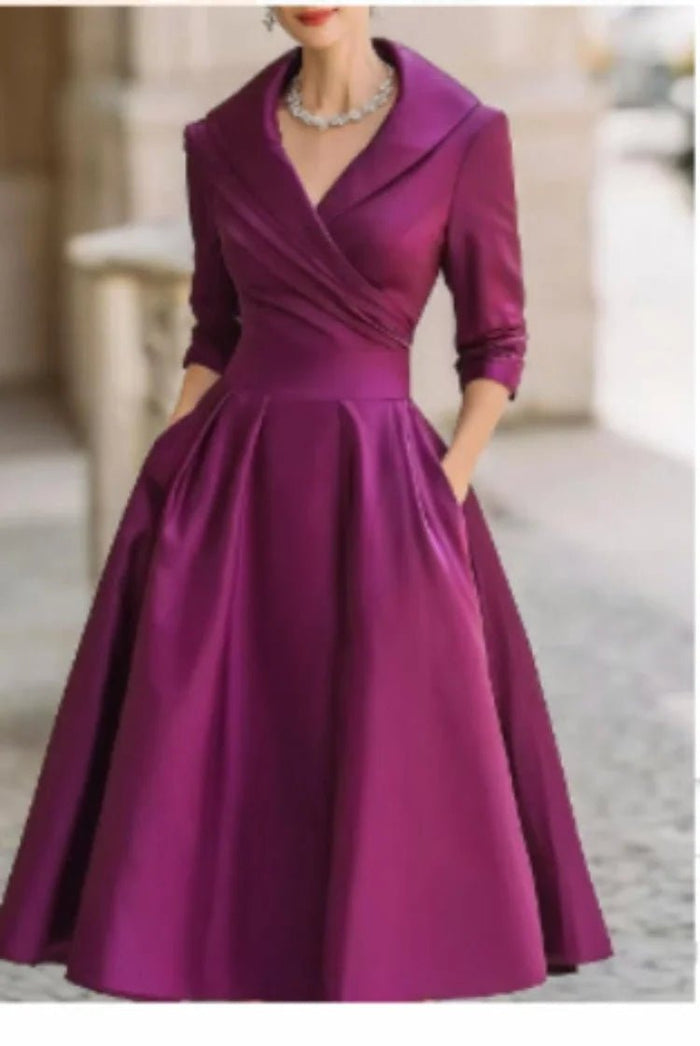 Women's A-Line Dress — Lapel Neckline Cross Pleated Waist