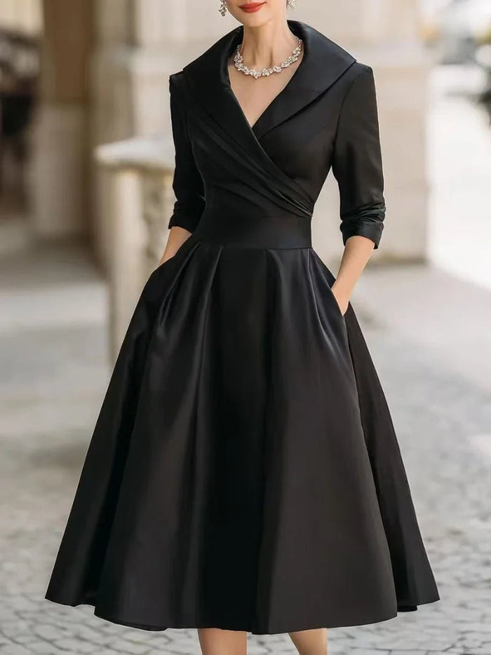 Women's A-Line Dress — Lapel Neckline Cross Pleated Waist