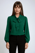 Women's Blouse — Fitted Long Sleeve Bow Neckline Ruched Cuffs