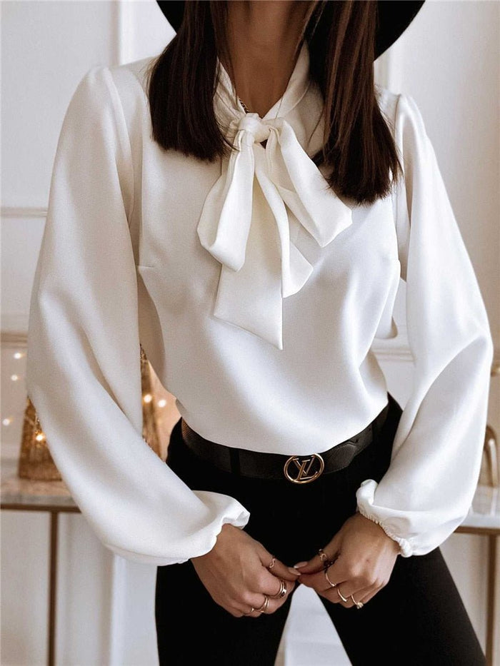 Women's Blouse — Fitted Long Sleeve Bow Neckline Ruched Cuffs