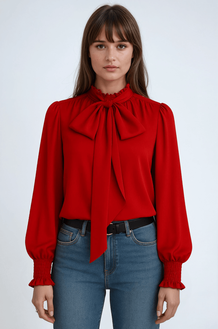 Women's Blouse — Long Sleeve Tie Neck Gathered Sleeves