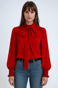 Women's Blouse — Long Sleeve Tie Neck Gathered Sleeves
