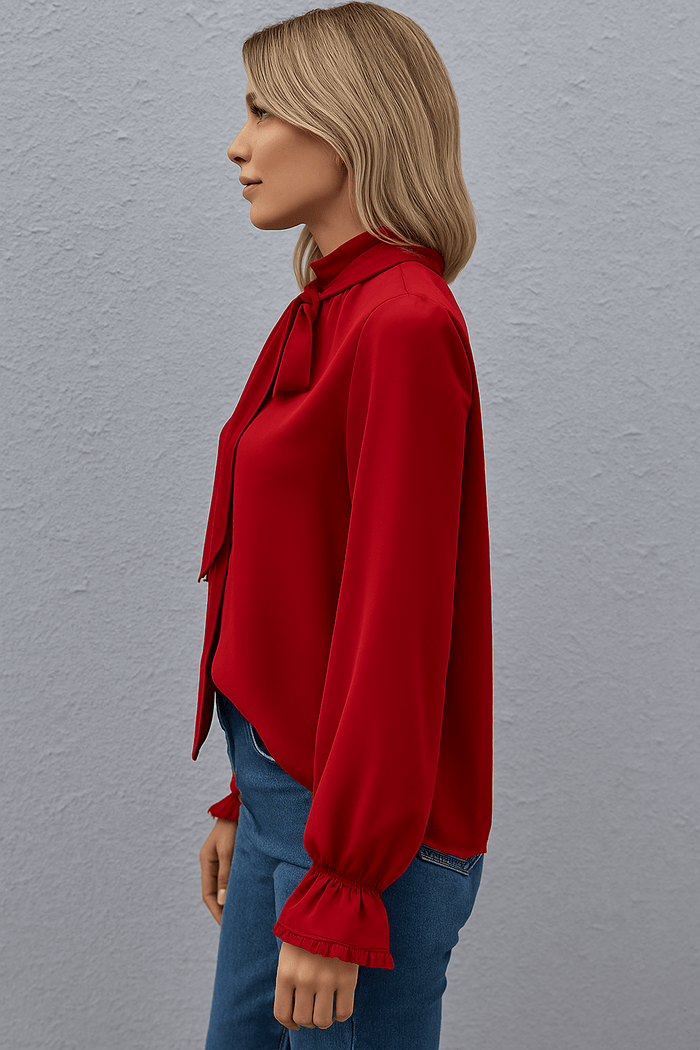 Women's Blouse — Long Sleeve Tie Neck Gathered Sleeves