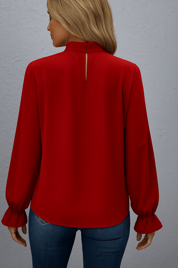 Women's Blouse — Long Sleeve Tie Neck Gathered Sleeves