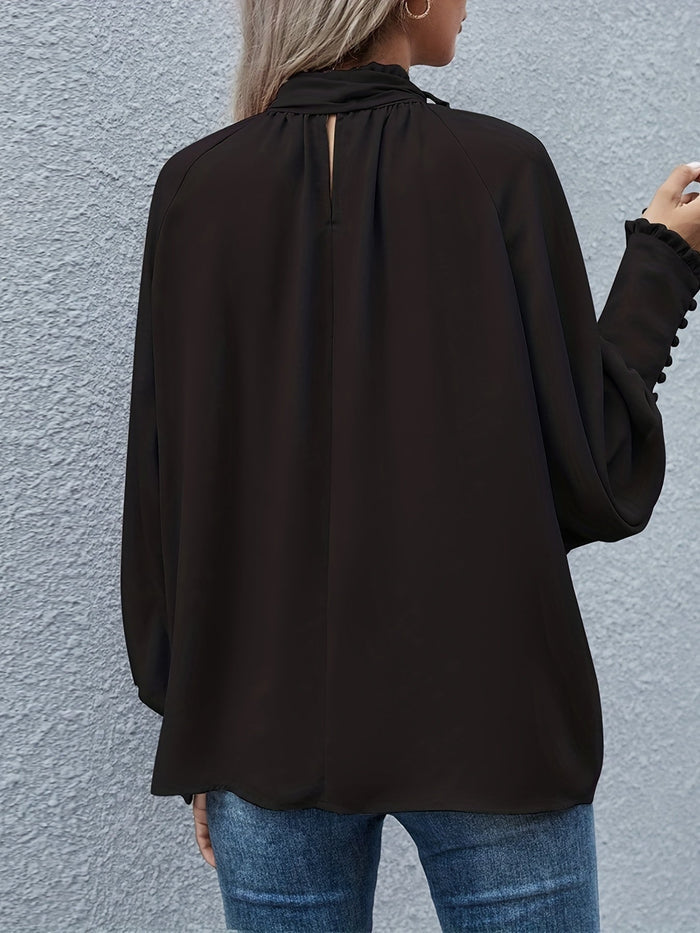 Women's Blouse — Long Sleeve Tie Neck Gathered Sleeves