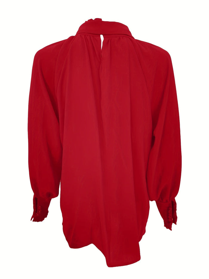 Women's Blouse — Long Sleeve Tie Neck Gathered Sleeves