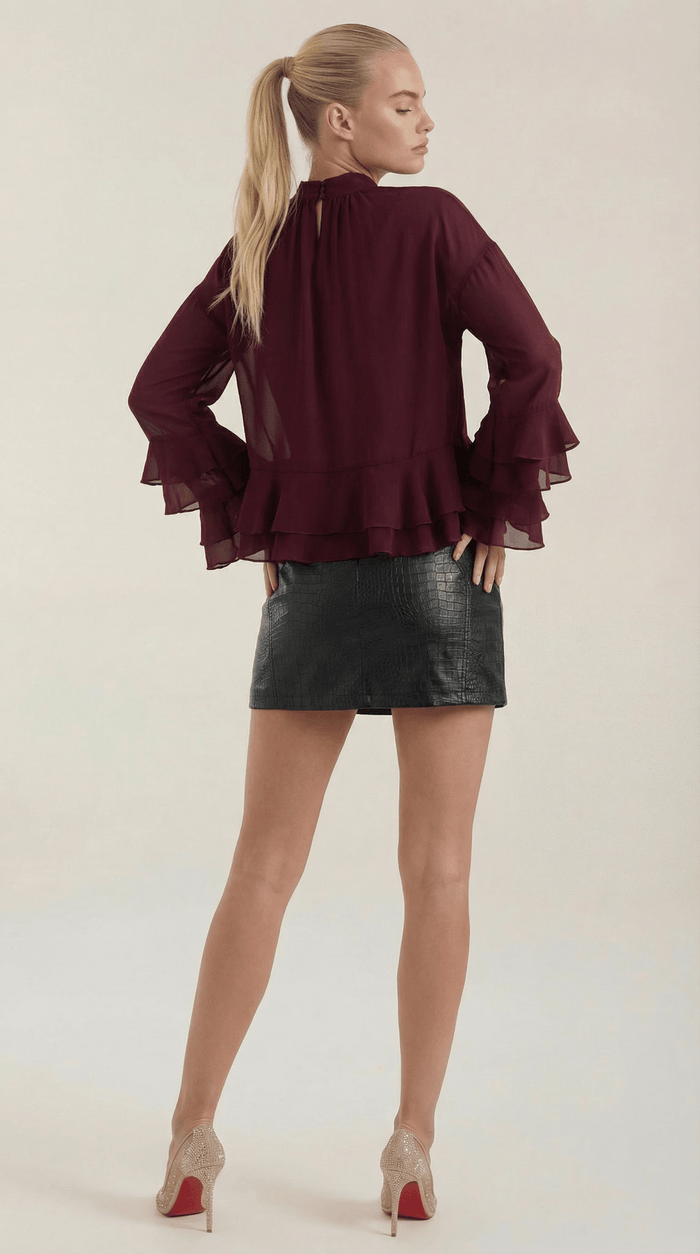 Women's Blouse — Raised Turtleneck Collar Pull-On Design