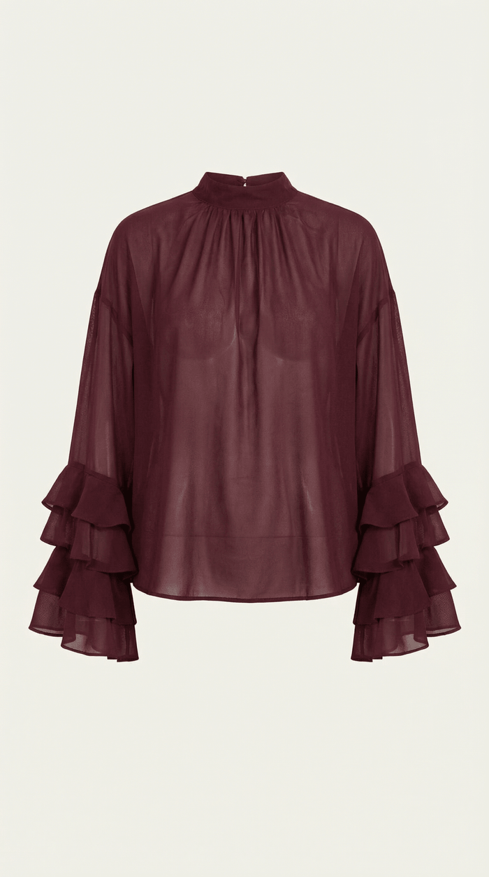 Women's Blouse — Raised Turtleneck Collar Pull-On Design