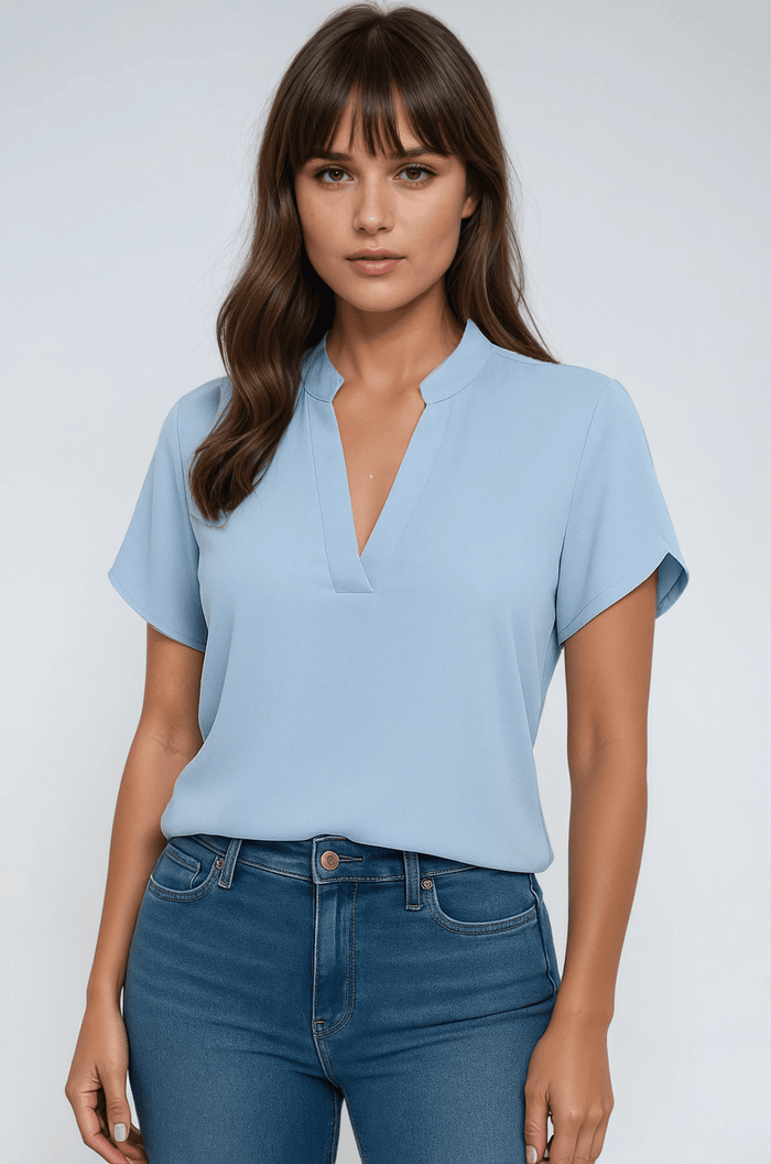 Women's Blouse — V-Neck Mandarin Collar Neckline Detail