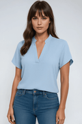Women's Blouse — V-Neck Mandarin Collar Neckline Detail