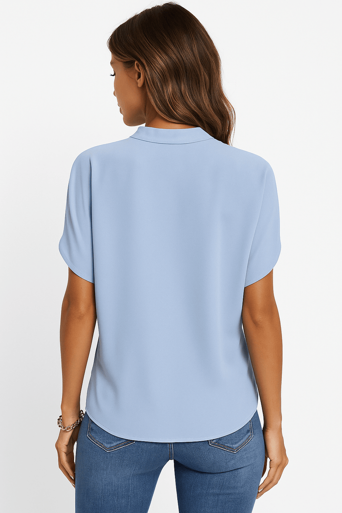 Women's Blouse — V-Neck Mandarin Collar Neckline Detail