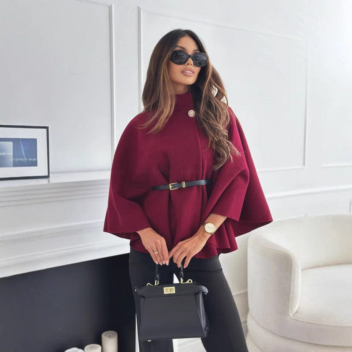 Women's Cape — High Collar Asymmetric Cut Waist Belt Design