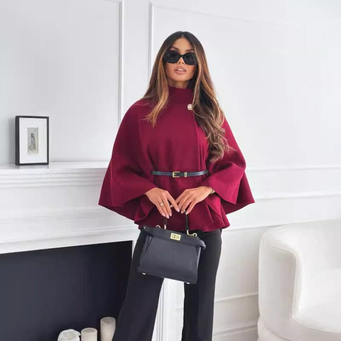 Women's Cape — High Collar Asymmetric Cut Waist Belt Design