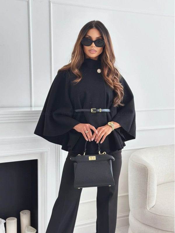 Women's Cape — High Collar Asymmetric Cut Waist Belt Design