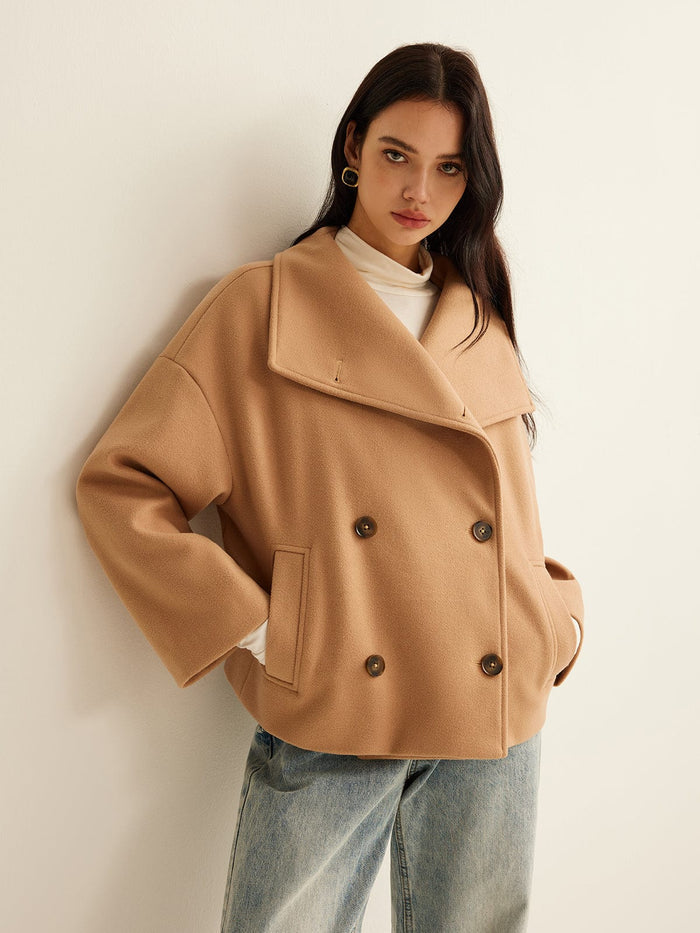 Women's Coat — Cropped Length Loose Fit Double Button Closure