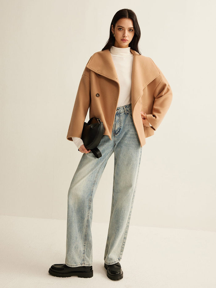 Women's Coat — Cropped Length Loose Fit Double Button Closure