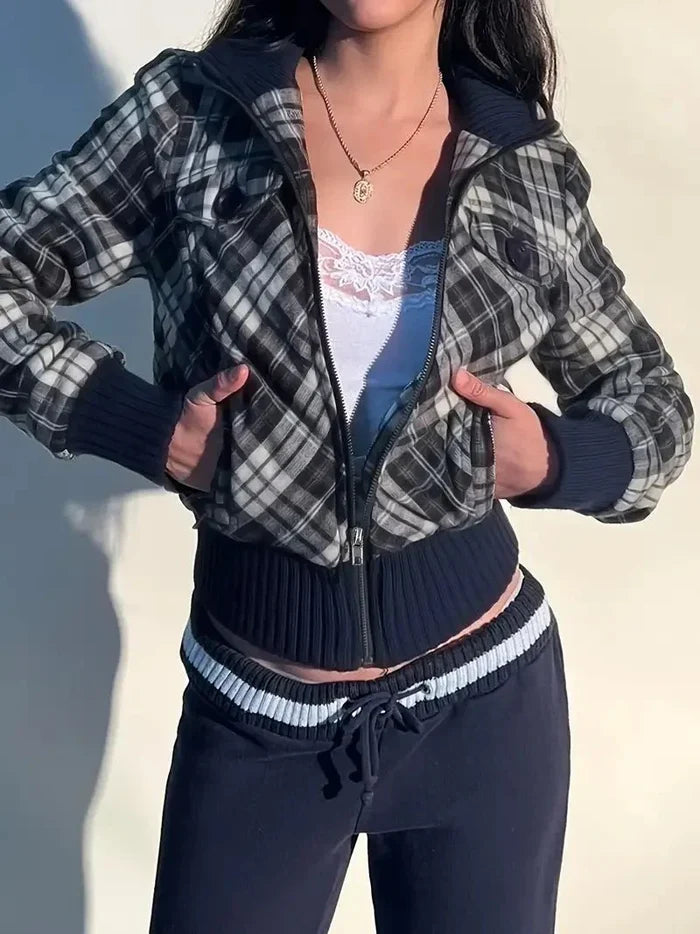 Women's Cropped Jacket — Checked Pattern High Collar Elastic Cuffs