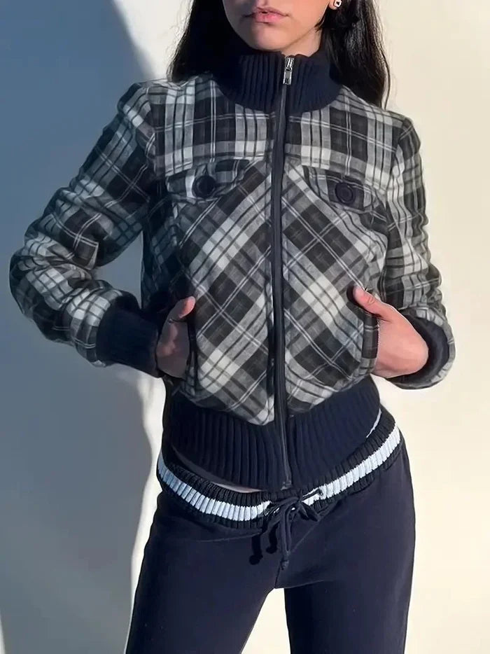 Women's Cropped Jacket — Checked Pattern High Collar Elastic Cuffs