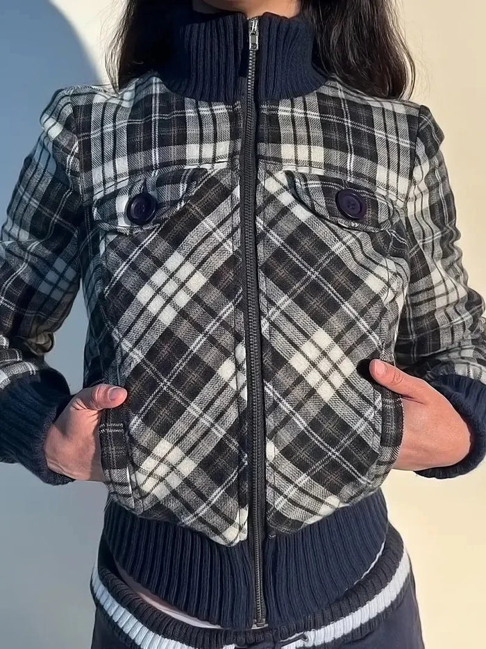 Women's Cropped Jacket — Checked Pattern High Collar Elastic Cuffs