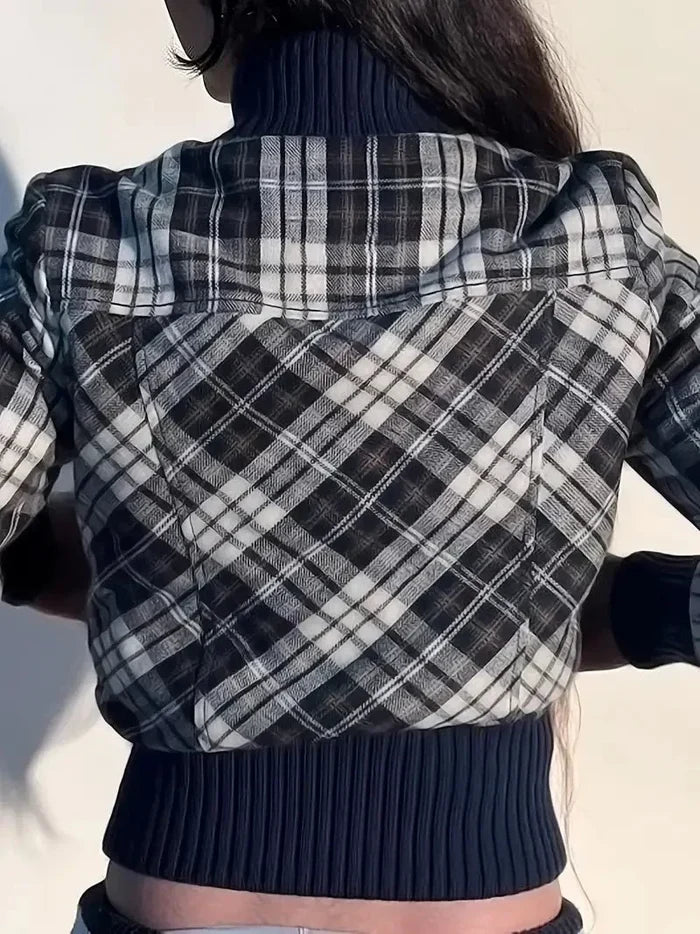 Women's Cropped Jacket — Checked Pattern High Collar Elastic Cuffs