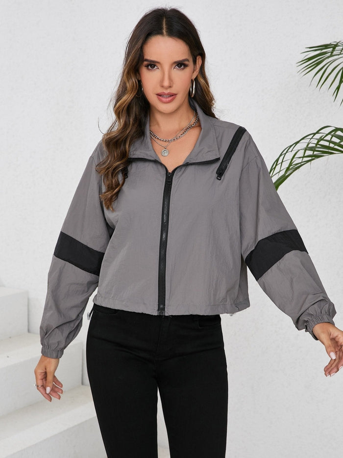 Women's Cropped Jacket Women's Cropped Windbreaker Jacket — Striped Front Zipper Design— Loose Fit Front Button Closure