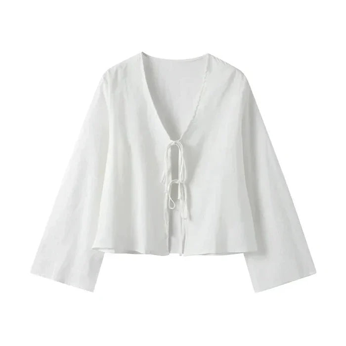 Women's Cropped Top — Tie Front Closure Billowy Sleeves